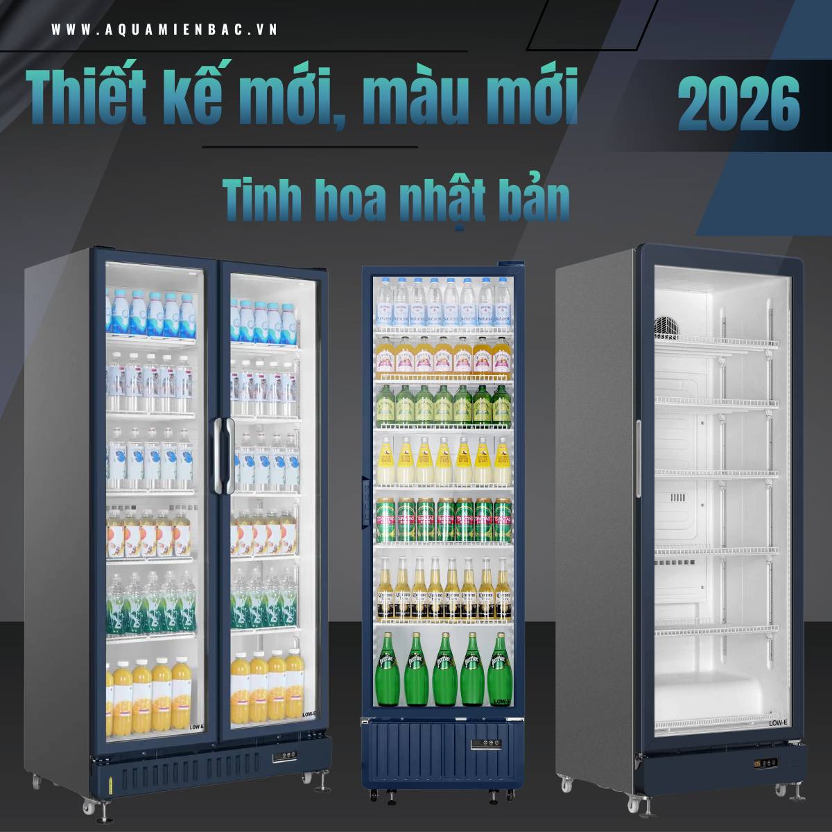 Bộ sưu tập tủ mát AQUA màu xanh đen tối giản sang trọng ra mắt tháng 6/2026 tại Điện Máy Miền Bắc